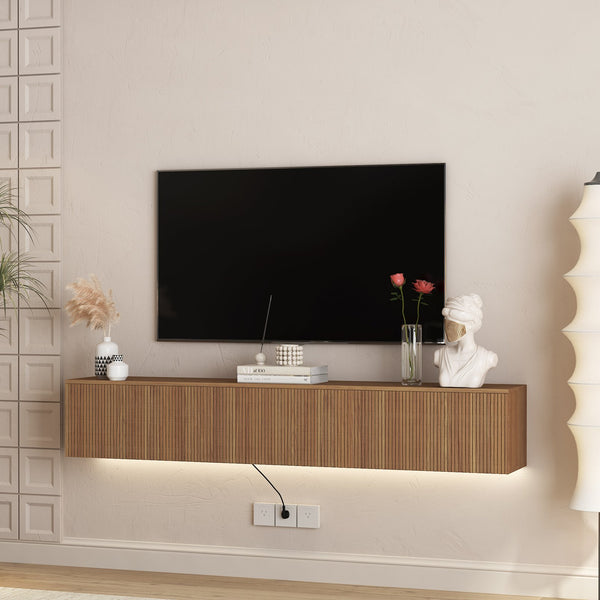 English Elm Floating LED TV Stand Wall Mounted with 16-Color Ambience, Modern Floating Cabinet with Ample Storage for 55–65" TVs Wood 74.8 L x 21.46 W x 5.51 H W1321P301176