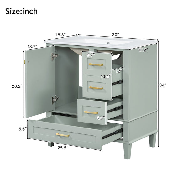 English Elm 30" Modern Bathroom Vanity with Solid Wood Frame, 3 Soft-Close Drawers and Ceramic Sink, Sleek Design Sage Green N729P170557G