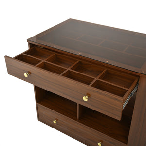 English Elm Closet Elegant walk-in island with glass display top, 6 drawers and open shelves for organized storage Walnut 39.76 L x 17.32 W x 12.2 H N733S304513D