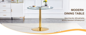 English Elm A Modern 35-Inch Tempered Glass Round Dining Table with Sleek Metal Legs, Minimalist Style for 4-6 }{@ Gold,Transparent W1151P263755