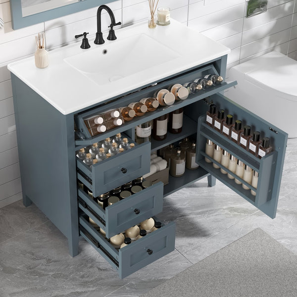English Elm 36-Inch Blue Gray Modern Bathroom Vanity With Durable Rubberwood Cabinet, Sink & 3 Drawers For Storage N725P350821E