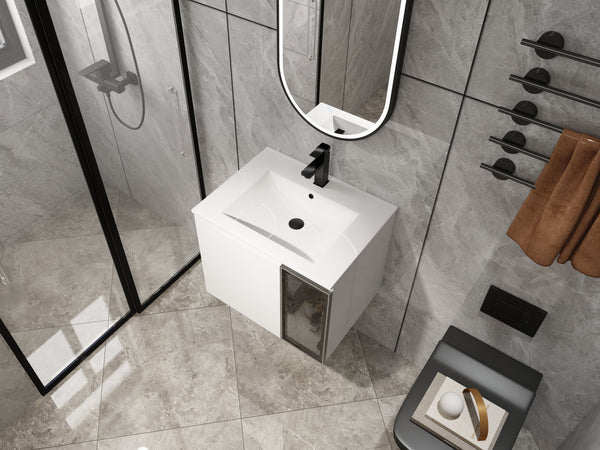 English Elm 24" Floating Bathroom Vanity Glossy White Plywood Cabinet Ceramic Sink Soft Close W999S00523