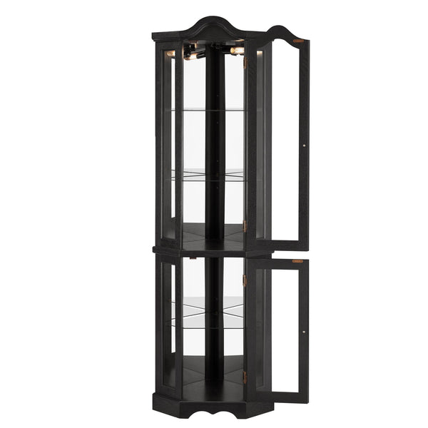 English Elm Lighted Corner Curio Cabinet With Adjustable Shelves & Integrated Lighting - Stylish Oak Display Solution W1758P300124
