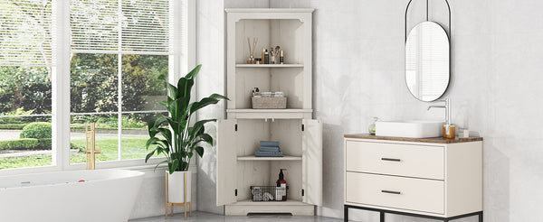 English Elm Tall Corner Cabinet Wood Grain Beige - Tall 69.3" Storage Tower with Doors, Shelves & Space-Saving Design W1580P257486