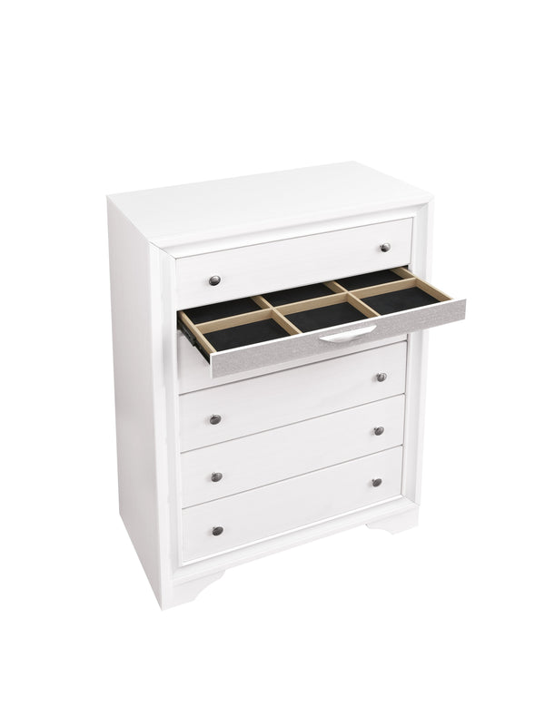 English Elm Madrid 6-Drawer Chest with Felt Lined Tray, Silver Acrylic Trim & Nickel Handles for Modern Storage White 56 L x 37 W x 20 H B078P286063