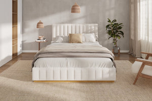 English Elm Queen Upholstered Bed Linen Fabric Channel Stitched Headboard Solid Wood Base Support N757Q338166I