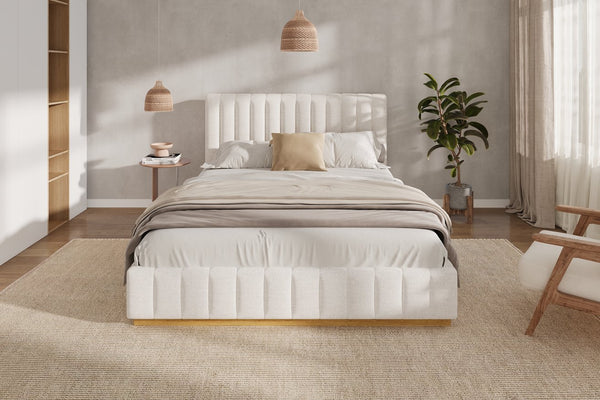 English Elm Queen Upholstered Bed Linen Fabric Channel Stitched Headboard Solid Wood Base Support N757Q338166I