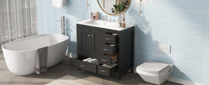 English Elm 36" Black Bathroom Vanity with Ceramic Sink, 2 Soft-Close Doors & 5 Drawers, Modern Storage Elegance N729P183735B