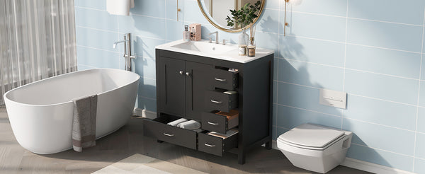 English Elm 36" Black Bathroom Vanity with Ceramic Sink, 2 Soft-Close Doors & 5 Drawers, Modern Storage Elegance N729P183735B