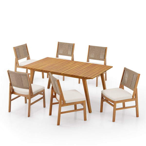 English Elm 7-piece Outdoor Acacia Wood Dining Set with Handwoven Wicker Chairs and Weather-resistant Cushions N773OD00128B