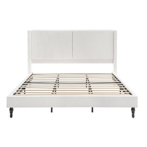 English Elm King Upholstered Bed Frame with Tall Bouclé Headboard, Solid Wood Feet, 12-Slat Support, 1000lb Capacity White 81.3 L x 31.5 W x 8.27 H W1716P335678