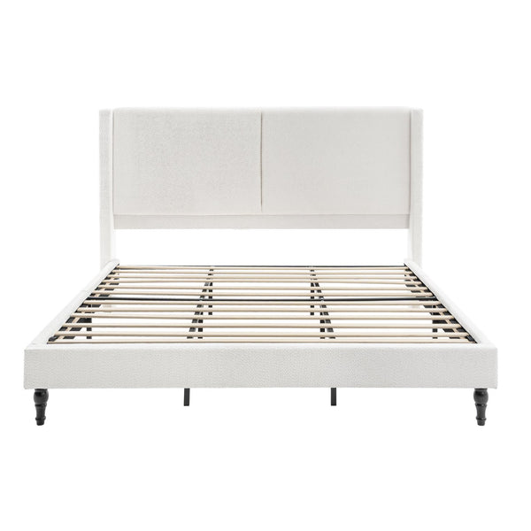 English Elm King Upholstered Bed Frame with Tall Bouclé Headboard, Solid Wood Feet, 12-Slat Support, 1000lb Capacity White 81.3 L x 31.5 W x 8.27 H W1716P335678