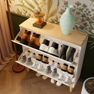 English Elm Shoes Storage Cabinet Slim Flip Door Entryway Organizer with Natural Wood Legs 16 Pairs W3166P268388