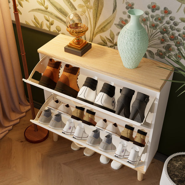 English Elm Shoes Storage Cabinet Slim Flip Door Entryway Organizer with Natural Wood Legs 16 Pairs W3166P268388