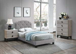 English Elm Light Gray Burlap Upholstered Twin Bed with Button Tufted Headboard and Nailhead Trim Light Gray B011P415177