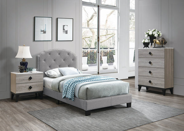English Elm Light Gray Burlap Upholstered Twin Bed with Button Tufted Headboard and Nailhead Trim Light Gray B011P415177