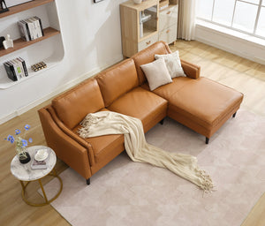 English Elm 94.5-Inch L-Shaped Genuine Leather Sectional Sofa With Right Chaise Lounge - Modern Tan Comfort W791S00021