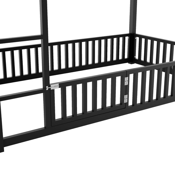 English Elm Metal Twin over Twin House Bunk Bed with Playful Roof, Sturdy Metal Frame, Quiet Support for Kids Black N709P214091B