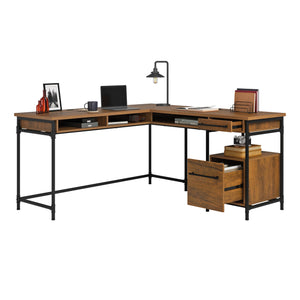 English Elm L-Shaped Desk With Elegant Brown Finish – Versatile Workspace Solution With Ample Storage & Cable Management B356P367765