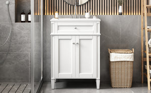 English Elm 24" Bathroom Vanity with Ceramic Basin, French-Inspired Accent Carvings, Soft-Close Doors & Storage White N710P293309K