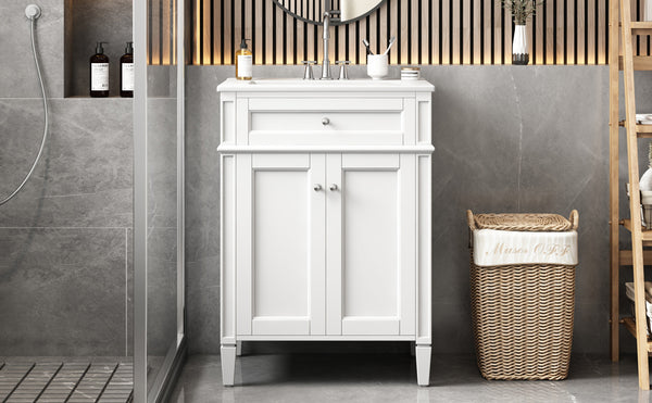 English Elm 24" Bathroom Vanity with Ceramic Basin, French-Inspired Accent Carvings, Soft-Close Doors & Storage White N710P293309K