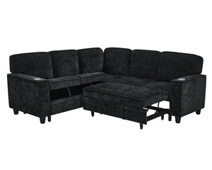 English Elm L-Shaped Sofa with Pull-Out Bed and Storage, 5-Seat Sectional with USB, Cup Holders, Cozy Chenille Charcoal grey W1998S00061