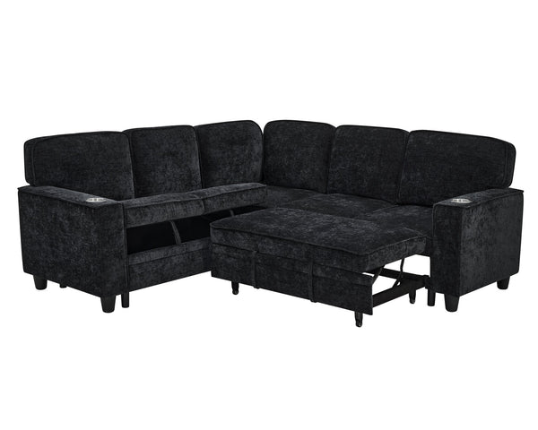 English Elm L-Shaped Sofa with Pull-Out Bed and Storage, 5-Seat Sectional with USB, Cup Holders, Cozy Chenille Charcoal grey W1998S00061