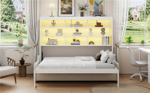 English Elm Queen Murphy Cabinet Bed with Sofa Foldaway, Built-In Shelves, LED Lighting, Space-Saving Beige N7090000603A
