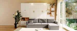 English Elm Queen Murphy Wall Bed with Velvet Sofa Built in Shelves Cabinets and Reading Lights White LP000393AAK