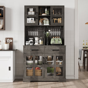 English Elm Pantry Hutch with Fluted Mdf Panels Charging Station Pegboard and Open Shelving T3773P416041