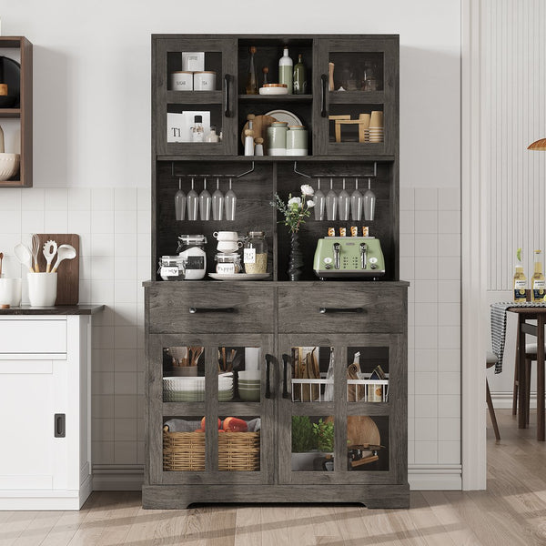 English Elm Pantry Hutch with Fluted Mdf Panels Charging Station Pegboard and Open Shelving T3773P416041