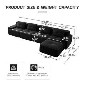 English Elm 153" Modern L-Shaped Modular Sectional Sofa - Plush Corduroy, Deep Seats, Movable Ottoman, No Assembly! W714S01481