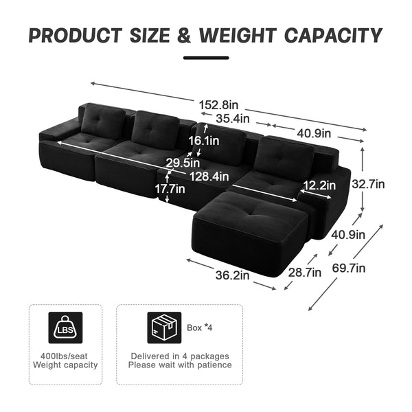 English Elm 153" Modern L-Shaped Modular Sectional Sofa - Plush Corduroy, Deep Seats, Movable Ottoman, No Assembly! W714S01481