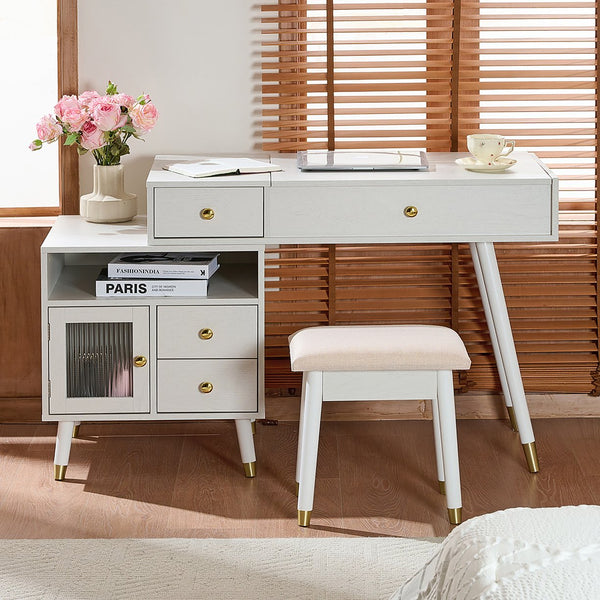 English Elm 3-in-1 Vanity Desk with LED Flip Mirror, Compact Makeup/Dressing Table with Storage Drawers & Stool White N844P291656A