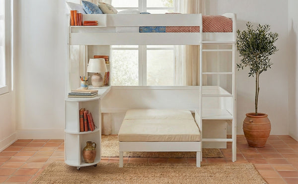 English Elm Full Size Loft Bed with Rotating Desk Led Lighting Sofa and Bookshelf Storage White LT000200AAK