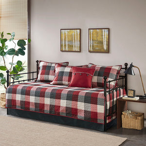 JLA Home Madison Park - 6 Reversible Plaid Daybed Cover Set with Quilted Herringbone, Shams, Pillow & Bed Skirt — Lodge Chic MP13-6465