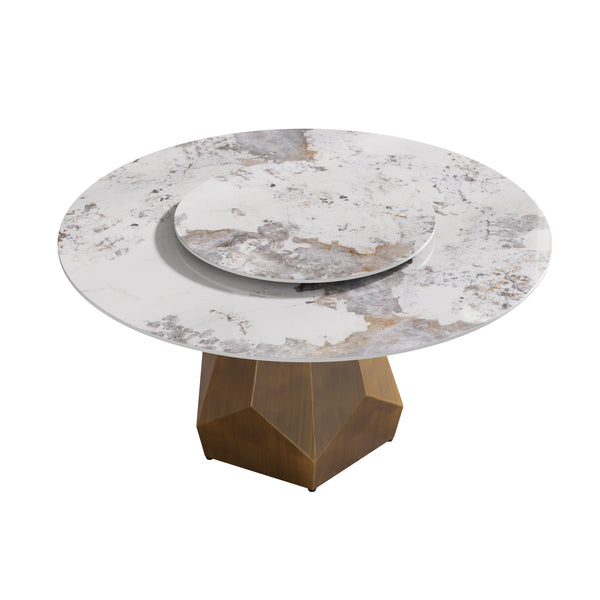 English Elm 31.5 Inch Sintered Stone Lazy Susan Turntable with Retro Brass Base for Dining W1535S00646