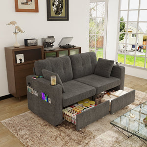 English Elm Sofas for Living Room Chenille Three Seat Couch with Usb Charging Storage and Cup Holder Gray W395S00143