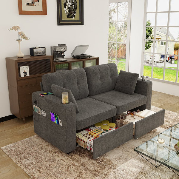 English Elm Sofas for Living Room Chenille Three Seat Couch with Usb Charging Storage and Cup Holder Gray W395S00143