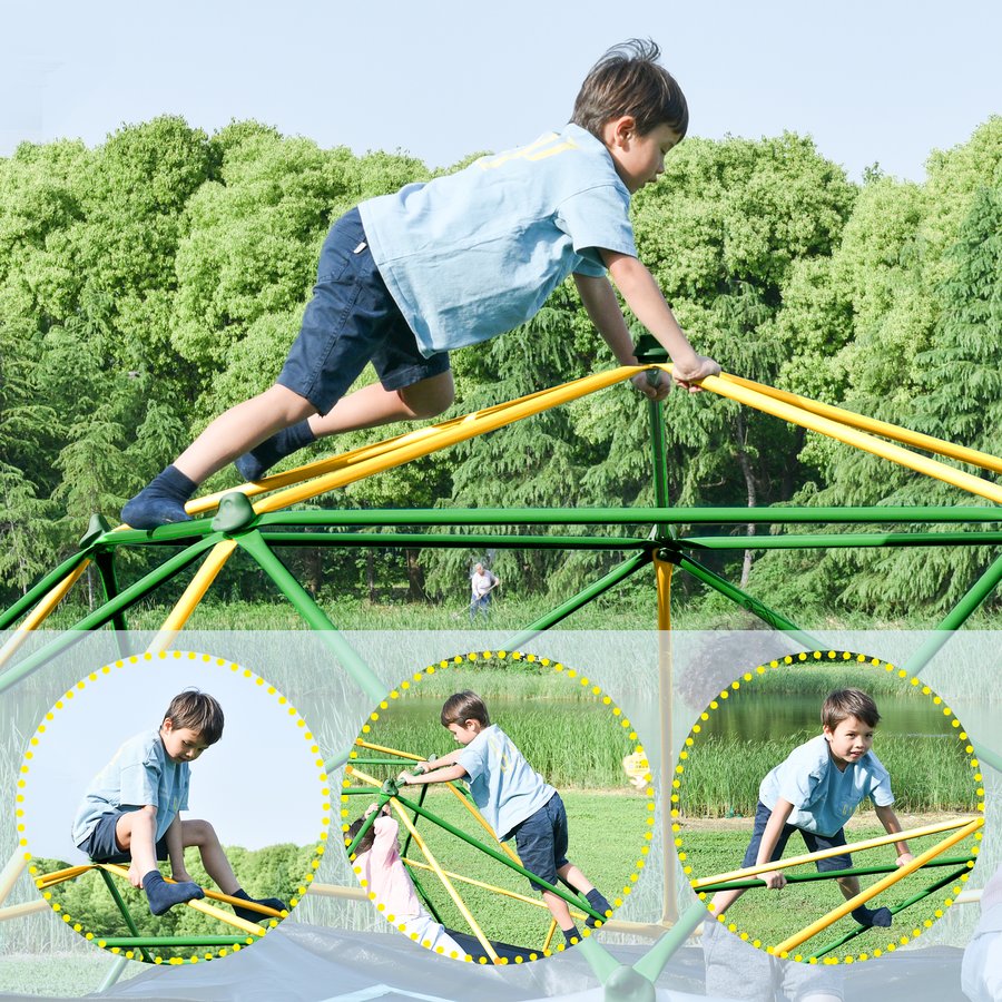 English Elm 12ft Geodesic Steel Climbing Dome Outdoor Play Structure 1000 Lb Capacity Kids Green + Yellow N710P261137L