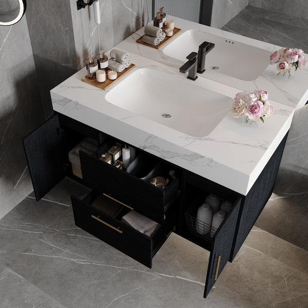 English Elm 39.4 Inch Floating Bathroom Vanity Sintered Stone Top Solid Wood 2 Soft Close Drawers W3136S00081