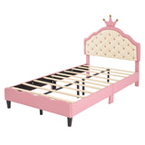 English Elm Twin Size Lovely Crown Fantasy Pu Leather Princess Bed With Tufted Headboard, Pink+Cream