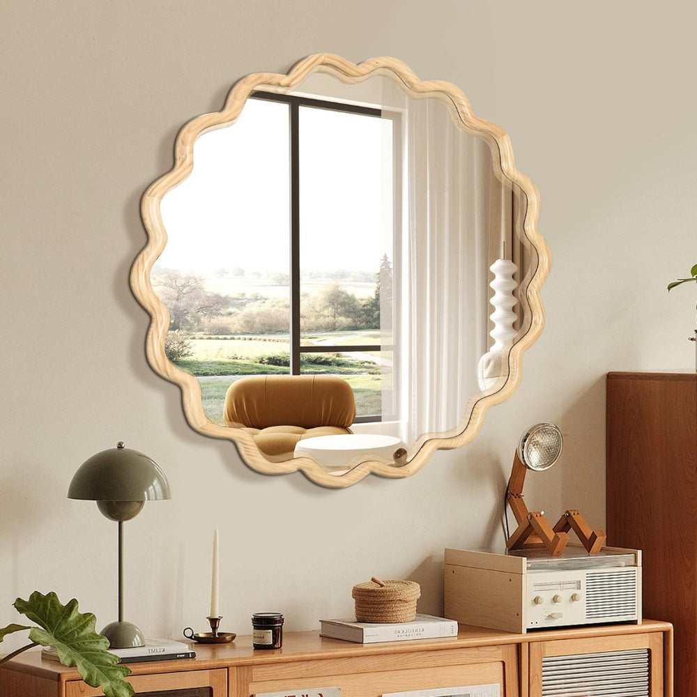 English Elm Solid Wood Wavy Mirror - 42" X 42" Natural Vanity Art Decor For Bathroom, Living Room & Entryway W1445P189555-GIGA
