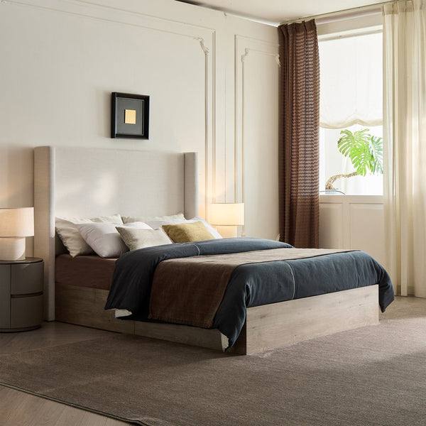 English Elm Shelton Upholstered Wingback Bed with 54" Textured Ivory Chenille Headboard, Rustic Modern Farmhouse Queen B083P321432