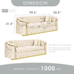 English Elm 2pcs Italian Velvet Chesterfield Sofa Set Tufted Three Seater with Gold Steel Legs Beige W1191S00068