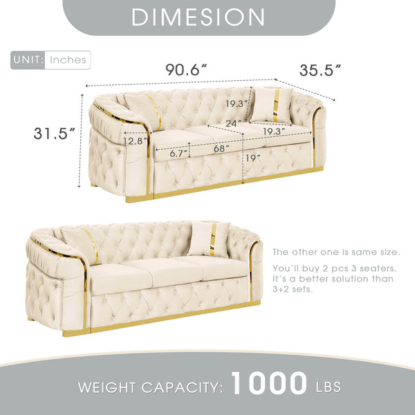 English Elm 2pcs Italian Velvet Chesterfield Sofa Set Tufted Three Seater with Gold Steel Legs Beige W1191S00068