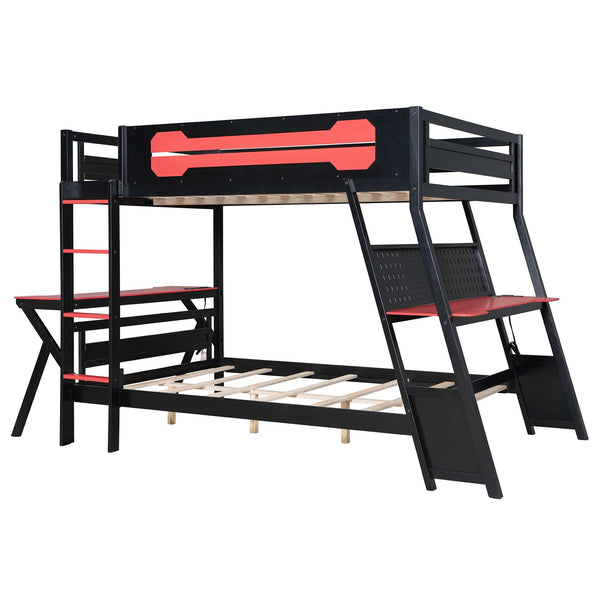 English Elm Full Size Gaming Bunk Bed with Dual Desks Usb Charging Ports and Pegboard Storage Red LT000274AAR
