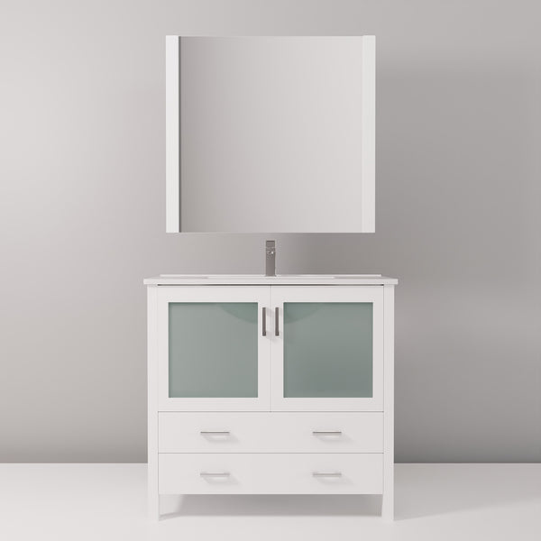 English Elm White 36 in. Bathroom Vanity with Scratch-Resistant White Ceramic Top, Chrome Faucet & 34" Mirror B2731S01288