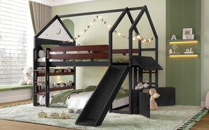 English Elm Full Size Pine Loft Bed House Frame with Slide Bookshelves and Moon Star Rails W1580S00314