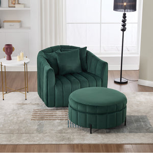 English Elm 40.35"W Stylish Green Velvet 360° Swivel Accent Barrel Chair & Storage Ottoman With 3 Pillows W3118S00010